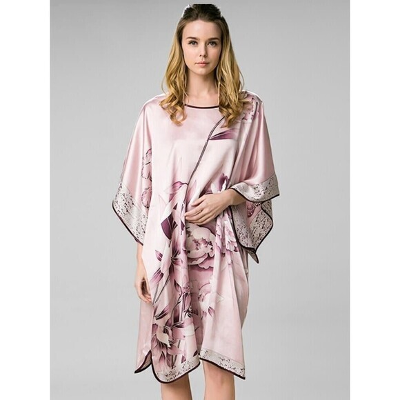 NWT Freedom Silk Peony Printed Rosy Pink Silk Kaftan With Trimming L Boat Neck - Picture 3 of 12